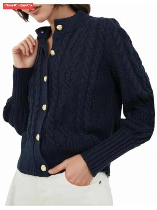 Sweaters - Cable Knit Cardigan Sweater Button Down Cropped Bishop Sleeve